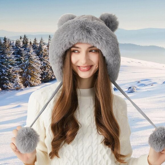 Women Grey Winter Sherpa Beanie Hats Knit Ear Flaps Peruvian Cover Ears